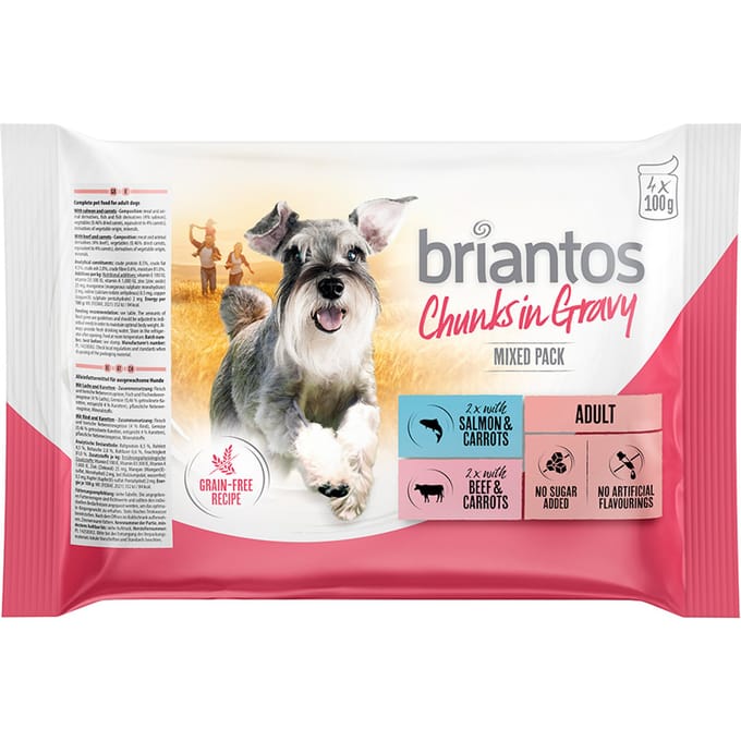 Briantos Vershoudzakjes Probeermix 4 x 100 g - Chunks in Gravy (Zalm & Rund)