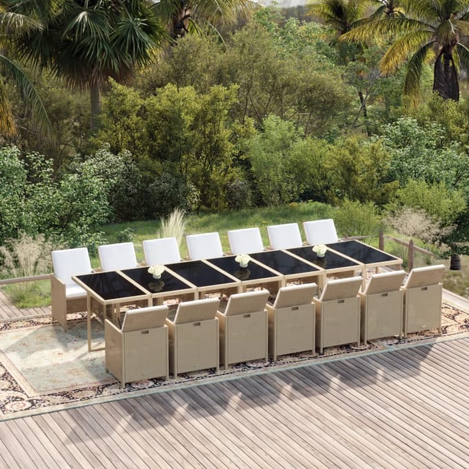 vidaXL - 15-delige - Tuinset - met - kussens - poly - rattan - beige