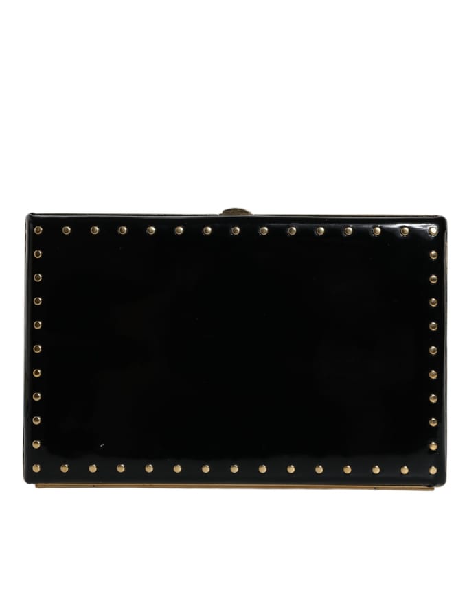 Zwart Leren Studs Gouden Frame Clutch Avondtas