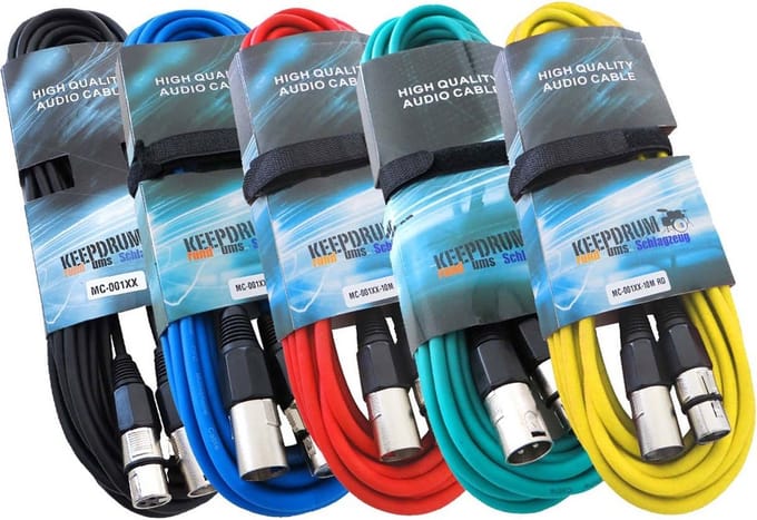 Set van 5 professionele microfoonskabels XLR 10 meter in verschillende kleuren