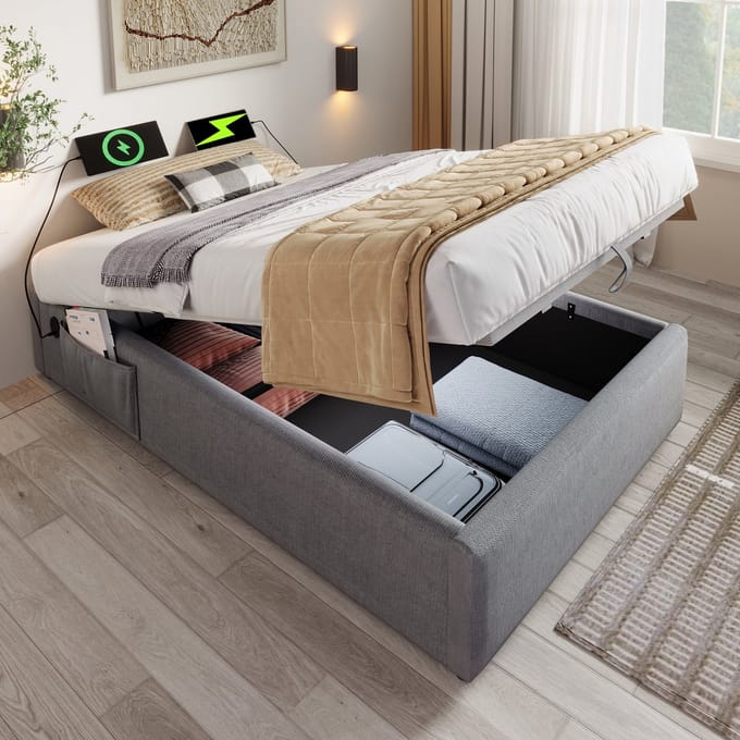 MODFU Bedframe 90x200 cm – Grijs katoen-linnen met USB/Type-C – Hydraulisch – Zonder hoofdbord