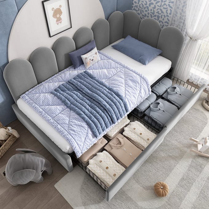 REDOM Gestoffeerd Bedframe – 90x190 cm – Met 2 lades – L-vorm met verwisselbare zijkanten – Fluweel – Grijs