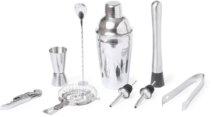Luxe cocktailset in 9 delen RVS in bamboe houder model Hunton, shaker 550 ml