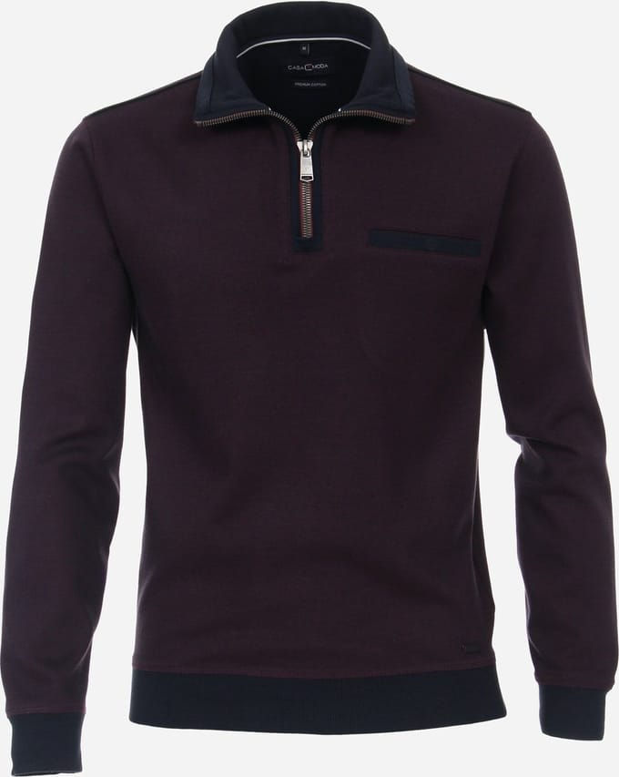 Casa Moda half zip trui premium cotton aubergine met borstzak