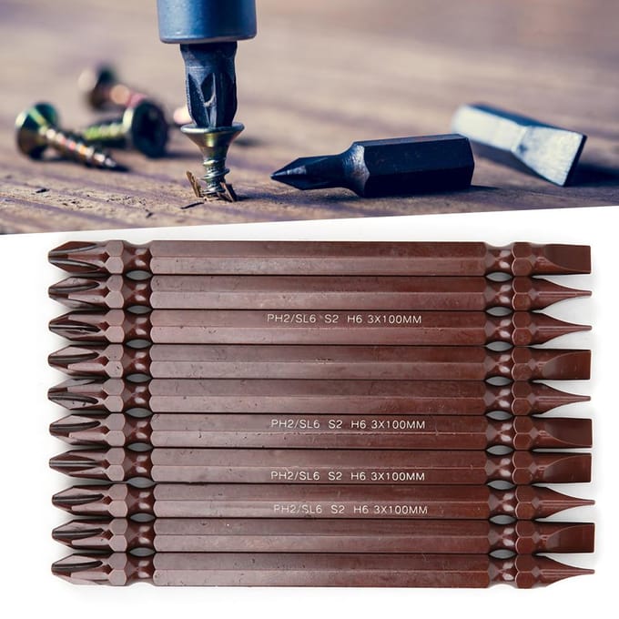 10 stuks Dubbelzijdige Schroevendraaierbit Hardware Accessoire Handgereedschap Magnetisch S2 H6.3 x 100MMDubbel