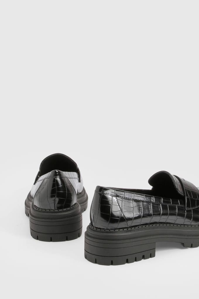 boohoo Dames Chunky Croco Banddetail Loafers | Black | Maat: 3