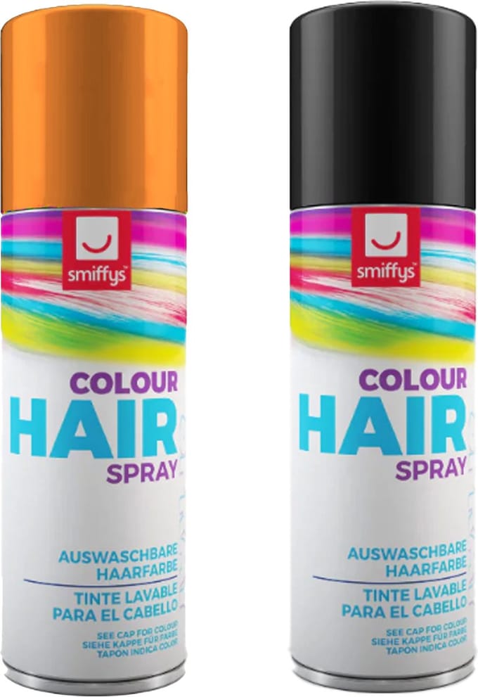 Smiffys Carnaval verkleed hoofdhaar verf/spuitspray - zwart en oranje - spuitbussen - 125 ml p/st
