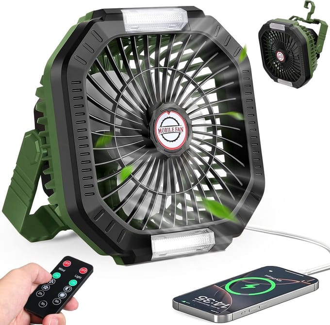 Camping Ventilator 7800 mAh – Draadloos – LED-lamp – Afstandsbediening – 4 Snelheden – Timer