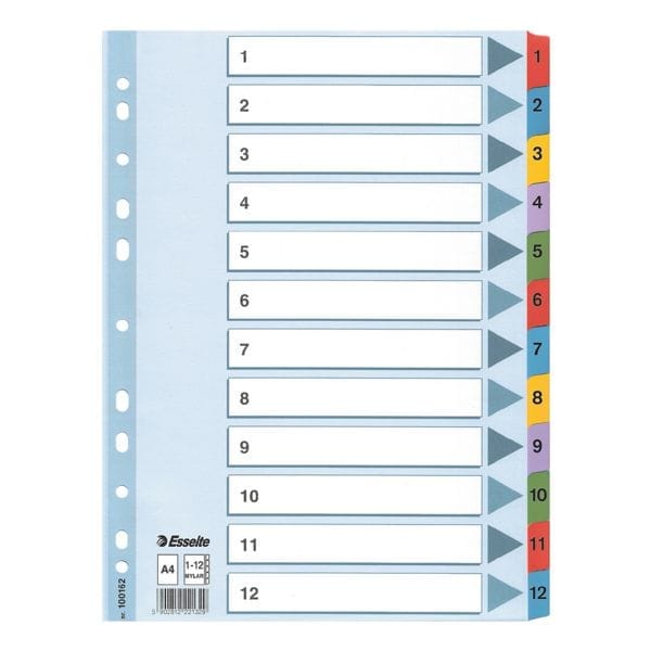 Esselte Index A4 - Tabs 1-12 - Karton met Mylar Versterkt - 11-gaats - Meerkleurig