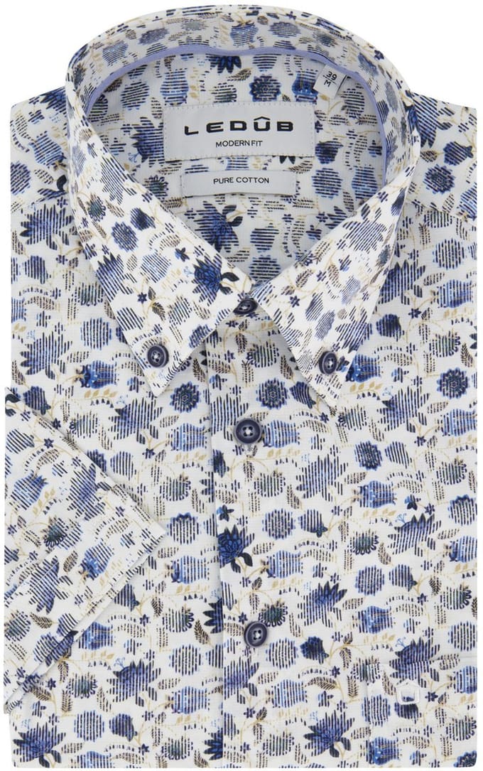 Overhemden Ledub Modern Fit wit blauwe bloemen