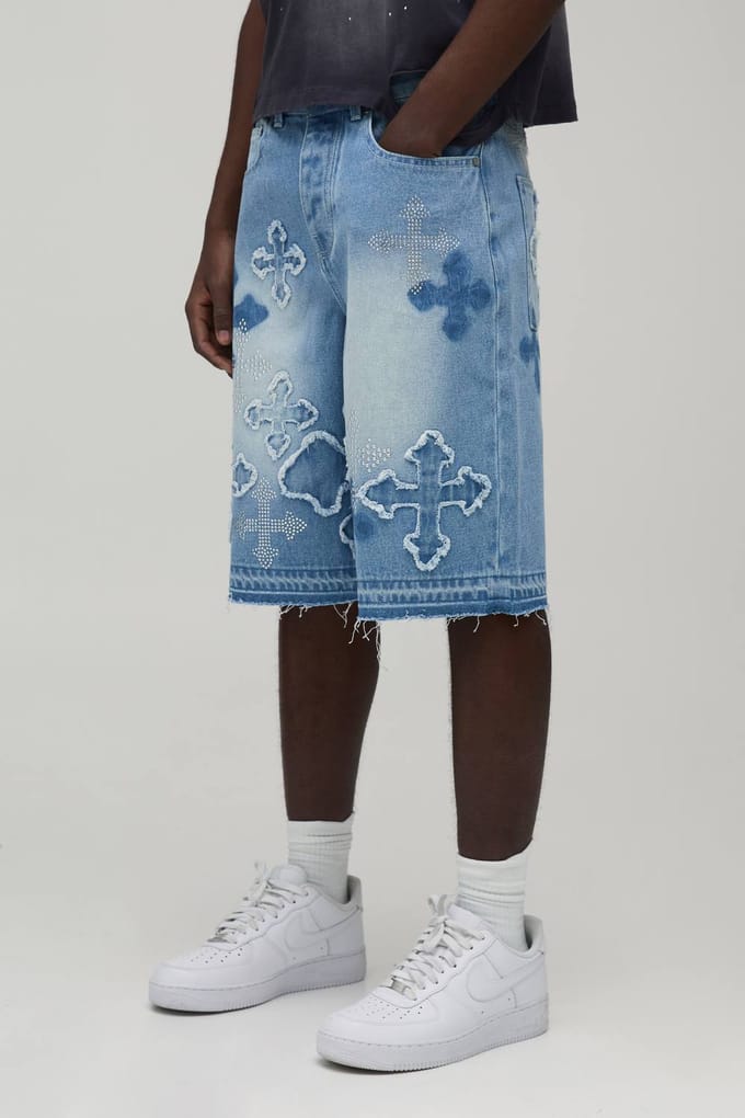 Denim Jorts Met Stras Kruis Applicatie | Light Blue | Size 40R
