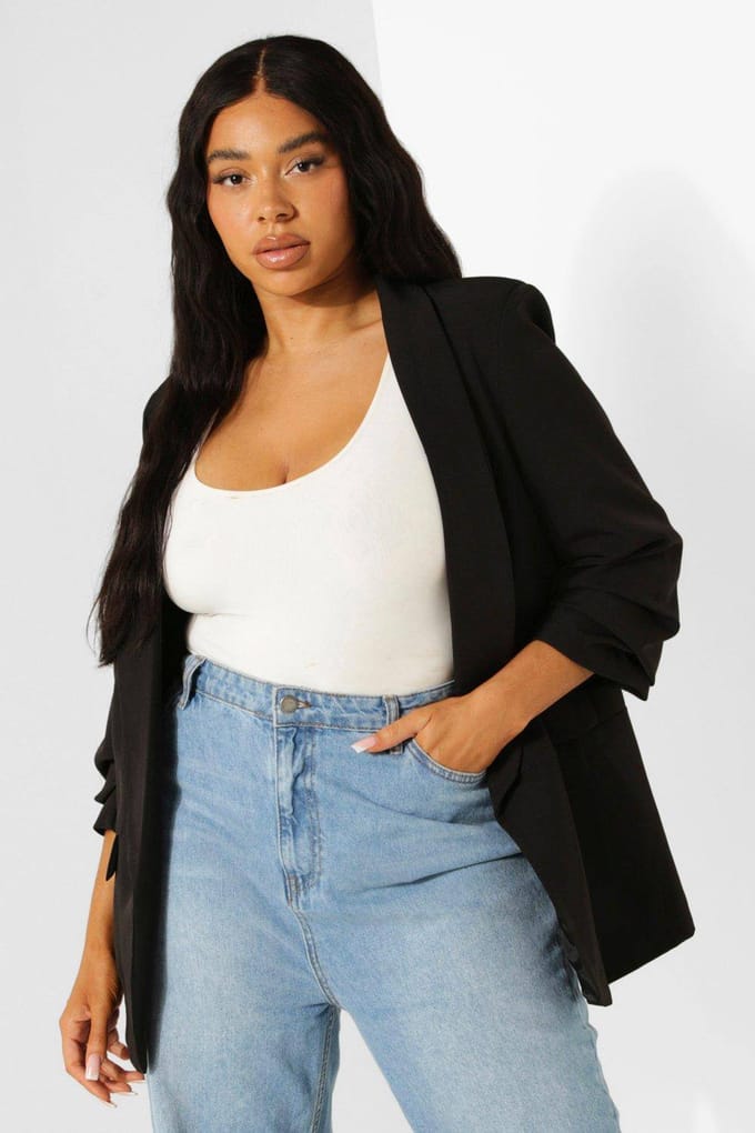 boohoo Dames Plus Stretch Geweven Geruched Mouwblazer | Zwart | Maat: 48