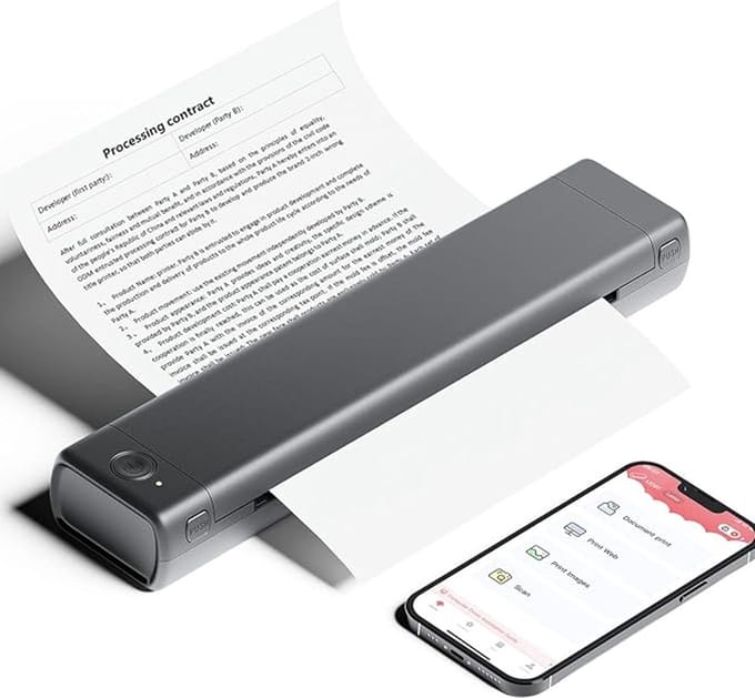 Pora&Co - Thermal Printer - Portable Printer A4 - Draagbare Printer A4 - Incl. 200 Vellen + Draagtas - Afdrukken met Telefoon of Computer - Thermische Printer - Grijs