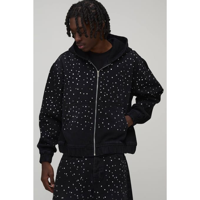 Gewassen Rhinestone Boxy Oversized Hoodie Van Denim Met Rits | Washed Black | Size Large