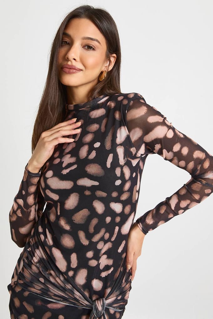 boohoo Dames Hoge hals bedrukte mesh wikkel mini-jurk | Brown | Maat: 10