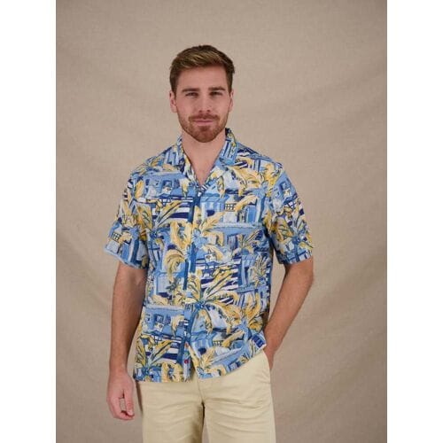 A Fish Named Fred Overhemd Korte Mouw Tropical Sketch Light Blue  3XL