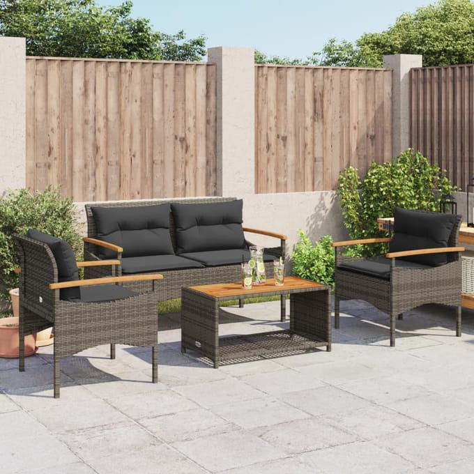 vidaXL - 4-delige - Loungeset - met - kussens - poly - rattan - grijs