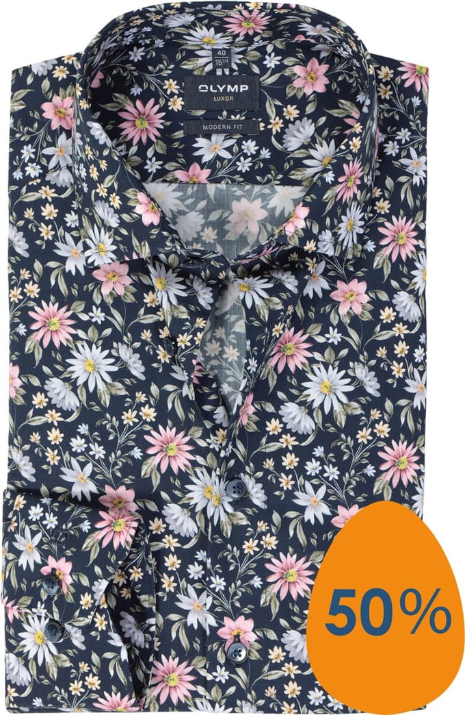 OLYMP modern fit overhemd - popeline - marine blauw dessin - Strijkvrij - Boordmaat: 44