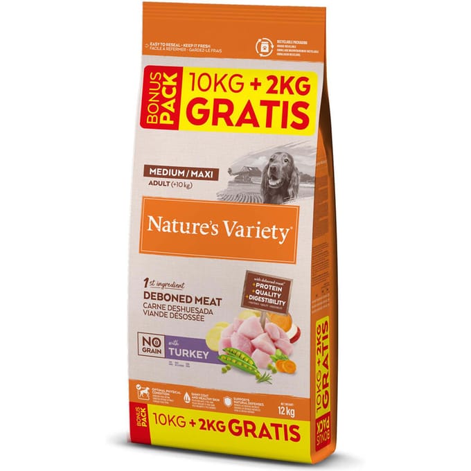 Nature's Variety No Grain Medium/Maxi Adult Kalkoen - 10 kg + 2 kg gratis