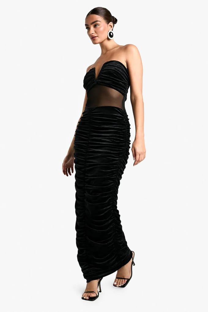 boohoo Dames Velvet Mesh Plunge Ruched Maxi Jurk | Black | Maat: 16