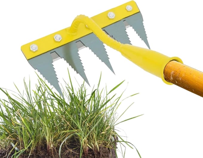 Onkruidsteker Tuingereedschap - Bodemverluchter Hak - Efficiënt Wieden - Robuuste Geharde Constructie - 5 Tanden - Geel Zilver