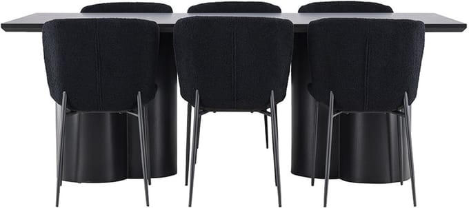 Olivia eethoek tafel 100x210cm en 6 teddy stoelen zwart.