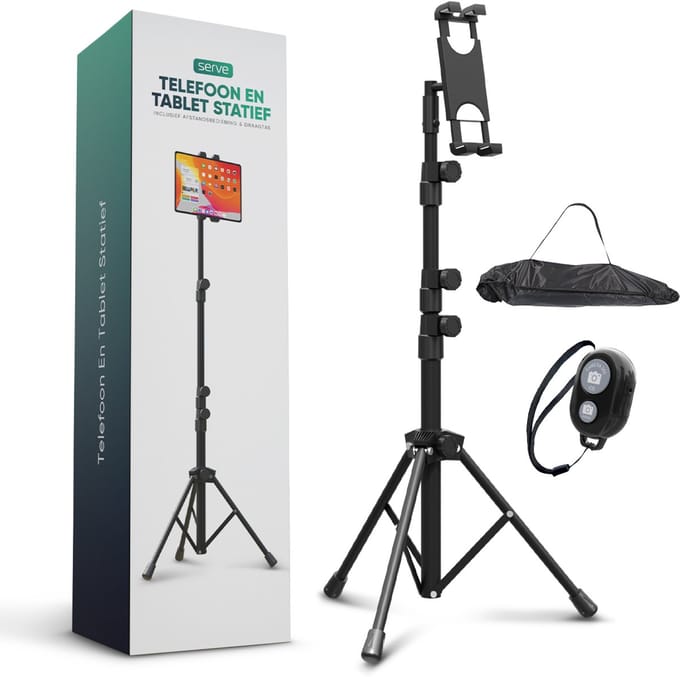 Serve Tablet Standaard - Tripod Houder Statief voor Smartphone & Tablet - Incl. Draagtas & Bluetooth Remote - iPad Tablethouder Lessenaar Aluminium - Zwart