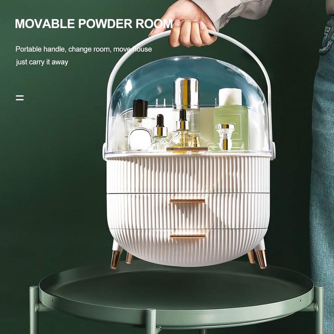 Draagbare Make-up Organizer met 2 Lades en Stofdicht Deksel - Cosmetische Box met Draaggreep