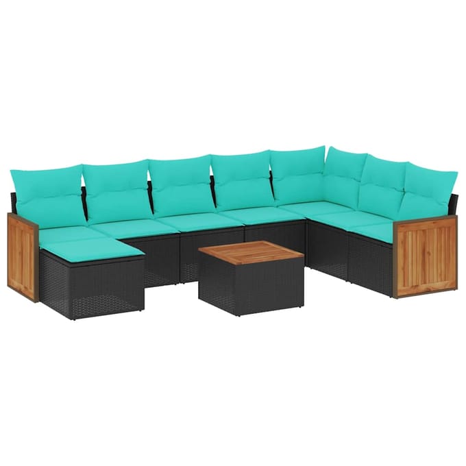 vidaXL - 9-delige - tuinbankset - met - kussens - van - zwart - polyrotan