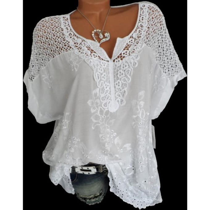 Mode dames T-shirt met kanten V-hals en geborduurde korte mouwen S wit
