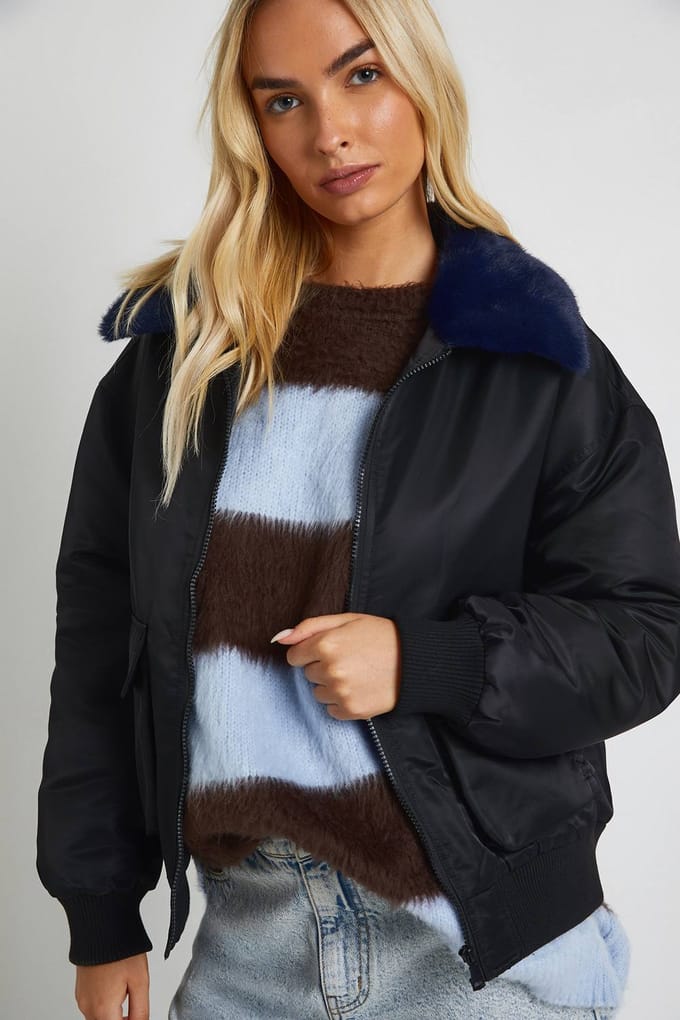 boohoo Dames Bomberjack met nepbontafwerking | Black | Maat: 8