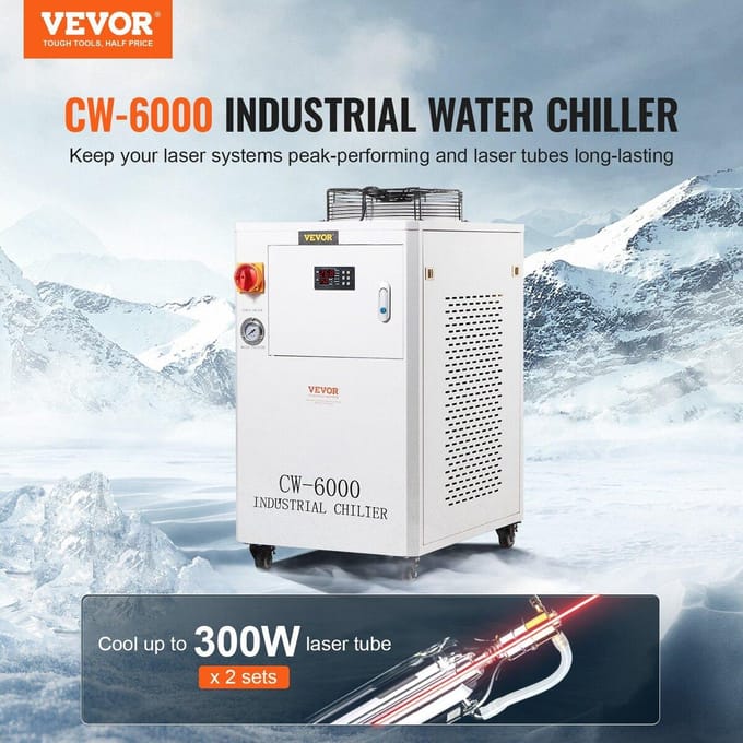 Industriële Waterkoeler CW6000, 1500W Waterkoeler Koelsysteem met Compressor, 15L Watertank Capaciteit, 65L/min Maximale Doorstroming, voor CO2 Laser