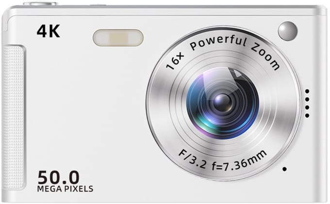 4K digitale camera, 16x zoom, anti-shake, 50 MP, autofocus compactcamera met invullicht (wit)