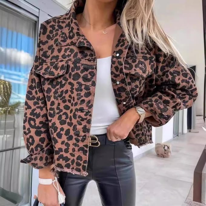 Nouvelle veste en jean printemps et automne imprimé léopard à manches longues, veste courte ample et décontractée XL black