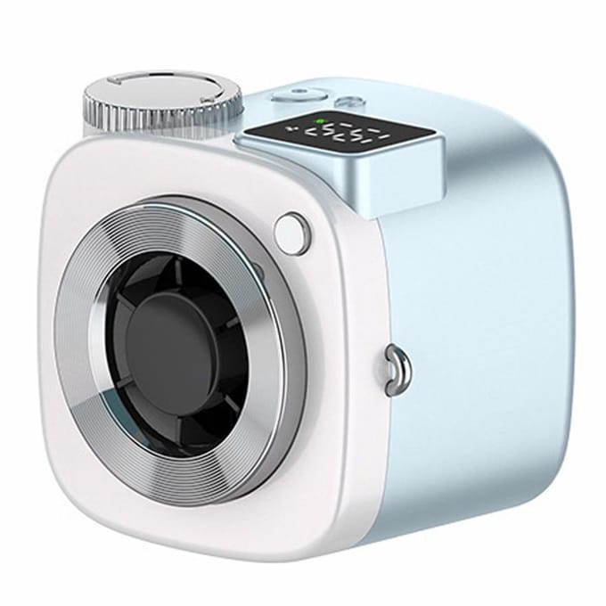 Draagbare ventilator, afmetingen 5x5x5 cm, creatief cameradesign, hoog vermogen, compact en draagbaar, oplaadbaar via USB, stille werking.