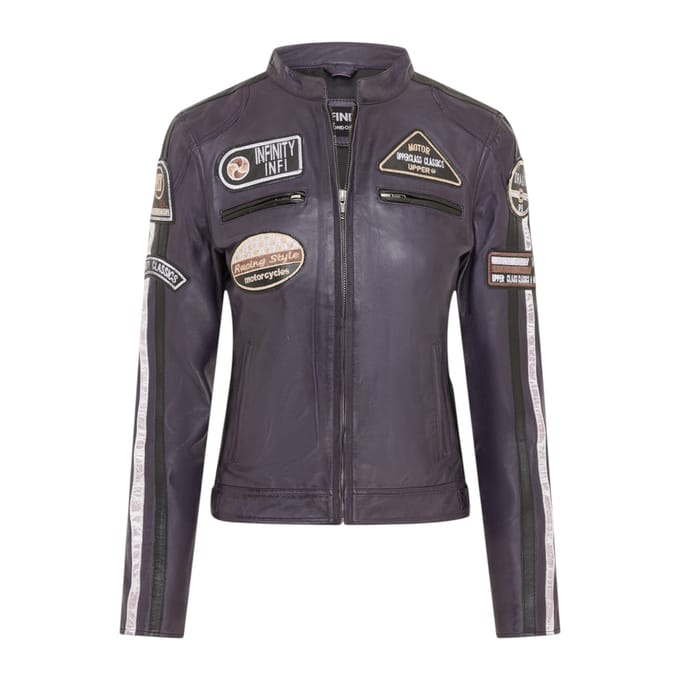 Dames Biker Racing Badges Paarse Leren Jas-Eastleigh