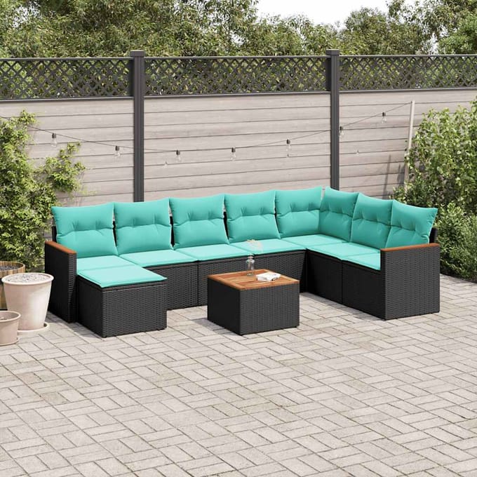 vidaXL - 9-delige - tuinbankset - met - kussens - van - zwart - polyrotan