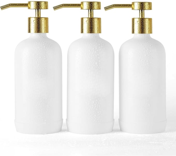 Famanu – Shampoodispenser set van 3 navulbare flessen 600 ml – wit met gouden pompen – douchedispenser