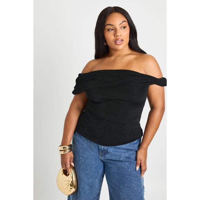 boohoo Dames Plus Bardot Twist Off de schouderloze top | Zwart | Maat: 56