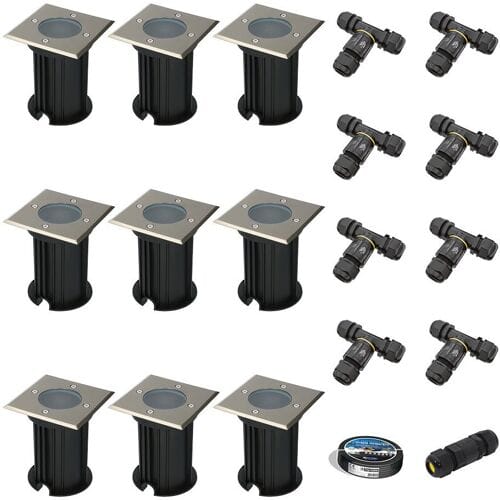 Set van 9 Ramsay LED Grondspots - Vierkant - RVS - GU10 fitting - Excl. lichtbron - IP67 waterdicht - Tuinspot - Oprit - Inclusief installatiemateriaal (Kabel & connector)
