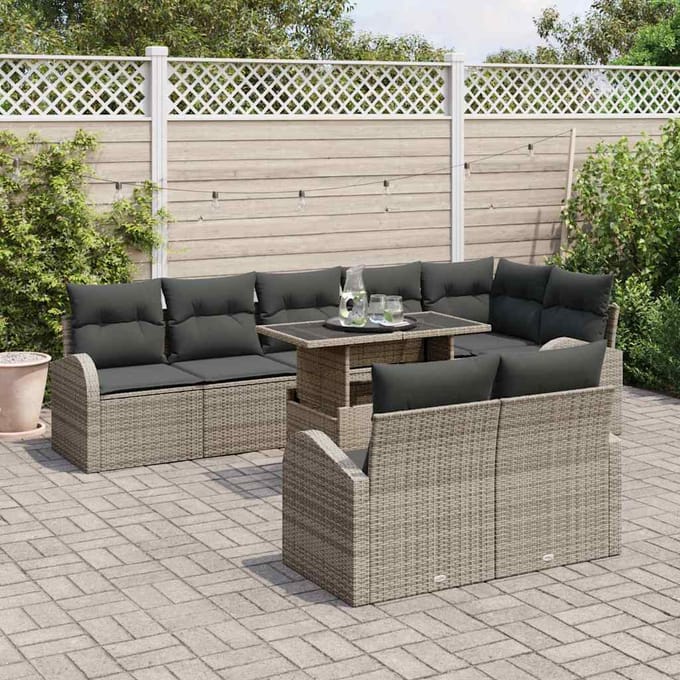 vidaXL Tuinbank Set met opslag met kussen 9 pcs Grijs poly rattan