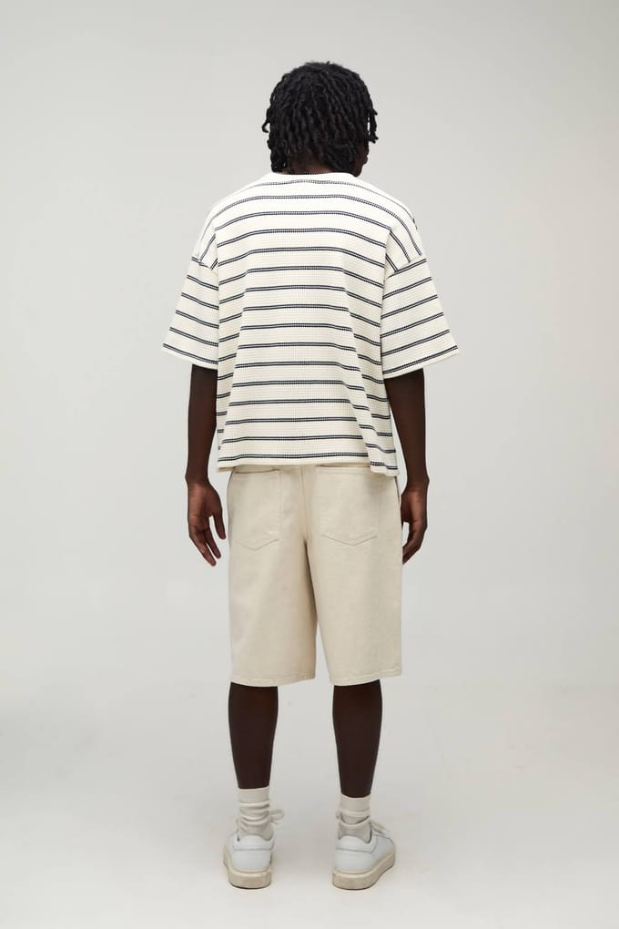 Oversized Boxy Gestreept Wafel T-shirt | Ecru | Size Medium