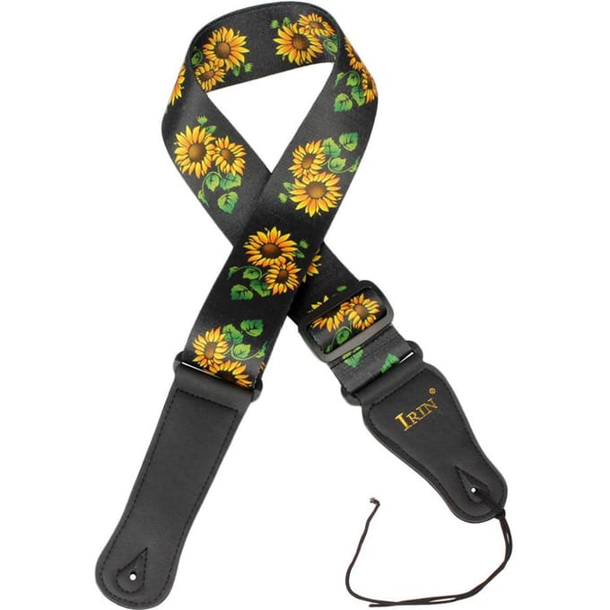 IRIN Gitaarband Verstelbare polyester riem PU lederen uiteinden voor akoestische folk klassiek elektrisch Sunflower Pattern black