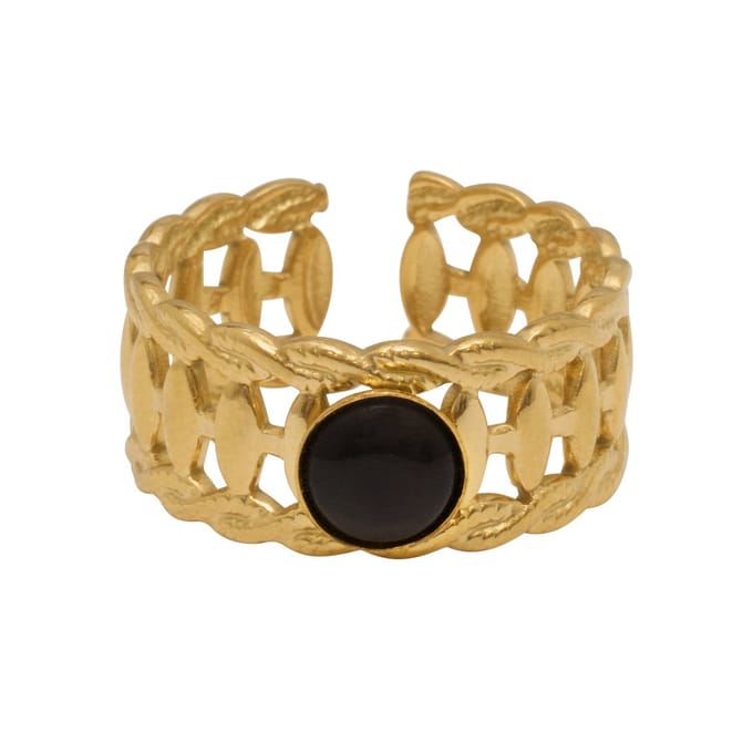 Essenza Round Black Stone Ring Gold