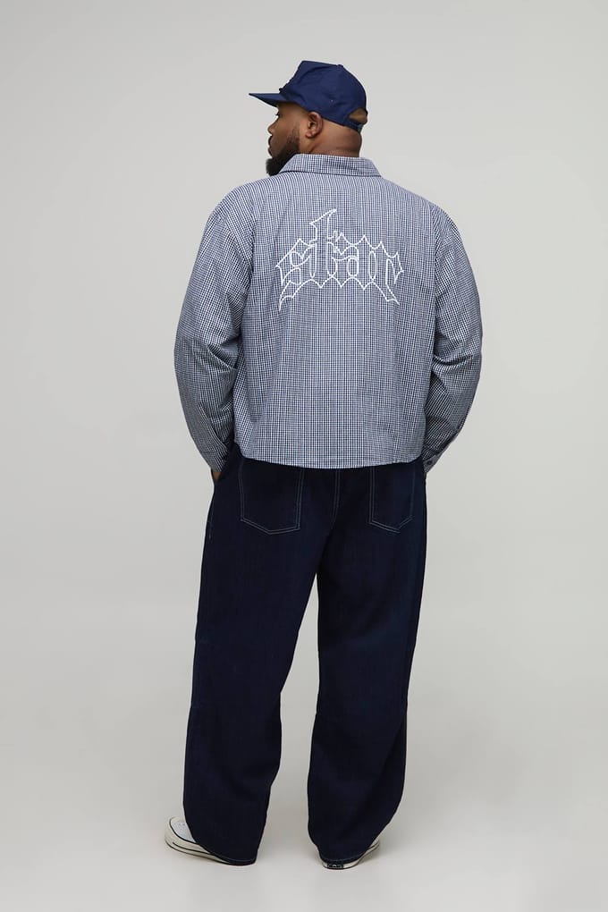 Plus Oversized Boxy Geborduurd Micro-ruiten Overhemd | Navy | Size 2XL