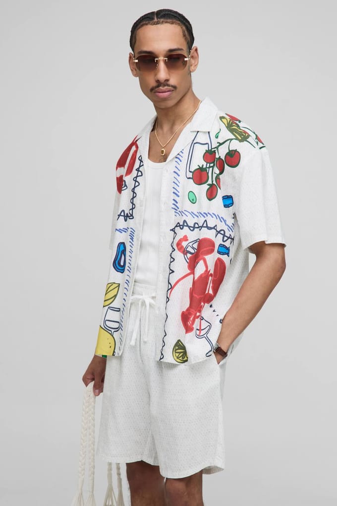 Oversized Linen Blend Conversational Printed Shirt & Short Set | Natural | Size Medium