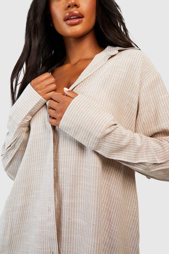 boohoo Dames Katoenen Tonale Streepjes Oversized Pyjamashirt | Steen | Maat: 42