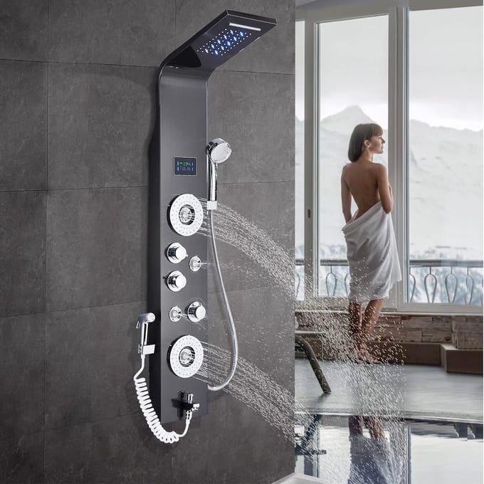 Hydromassagedouchekolom met LED 6 functies Regendouche Handdouche Hydromassage-uitloop achteraan en geborstelde doucheset met airbrush