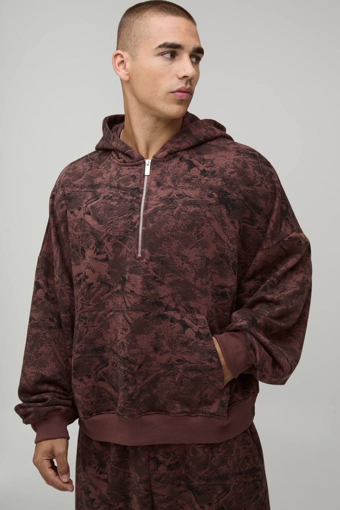Oversized Batwing Camo Quarter Zip Through Hoodie | Chocolate | Size XS