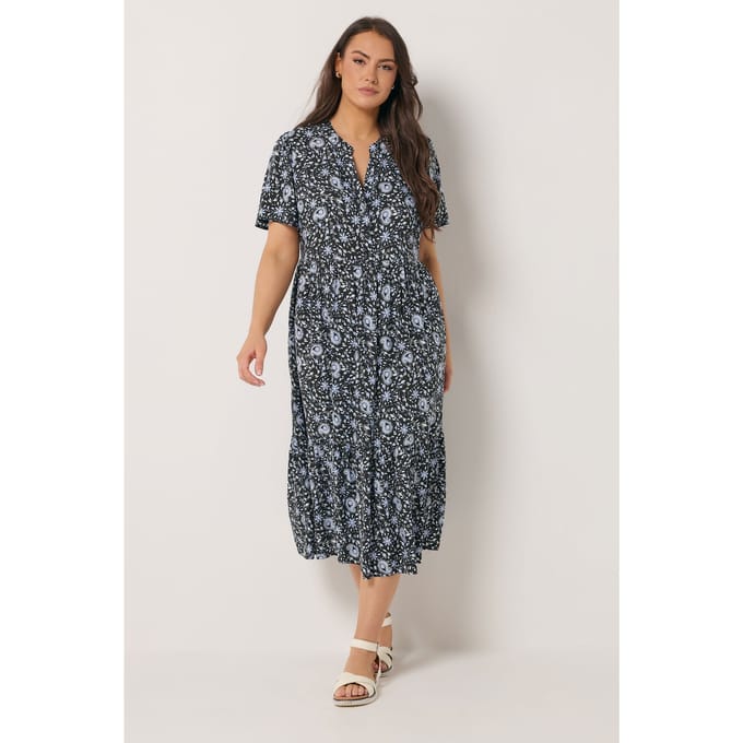 Yours Zwarte Maxijurk Met Bloemenprint En Halve Knoopsluiting Size 44